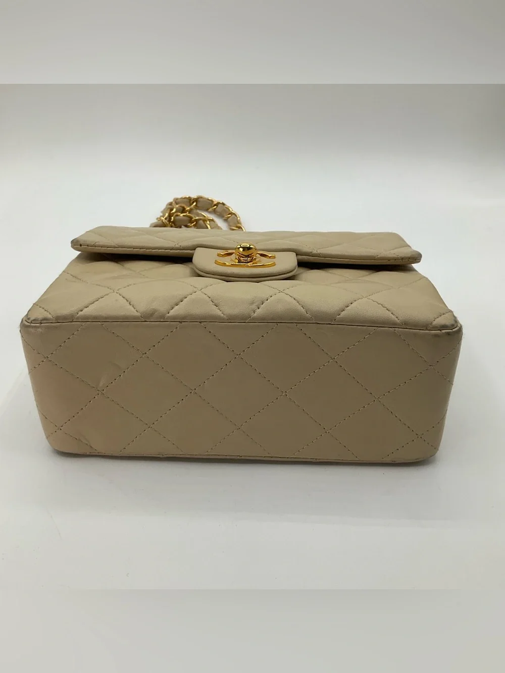 Chanel Classic Mini Flap Beige Quilted Lambskin Leather Gold Chain Shoulder Bag
